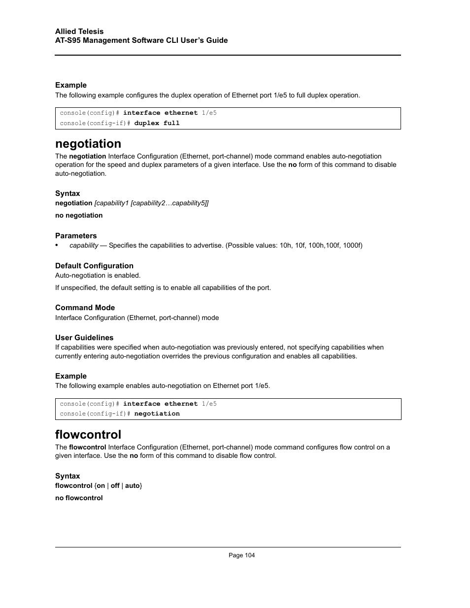 Negotiation, Flowcontrol, Negotiation flowcontrol | Allied Telesis AT-S95 CLI User Manual | Page 104 / 392