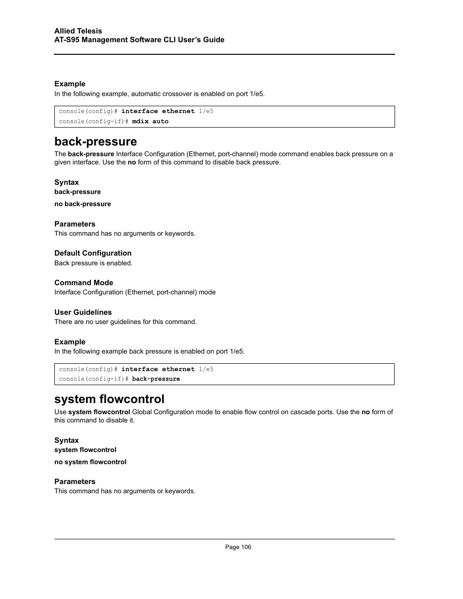 Back-pressure, System flowcontrol, Back-pressure system flowcontrol | Allied Telesis AT-S95 CLI User Manual | Page 106 / 392