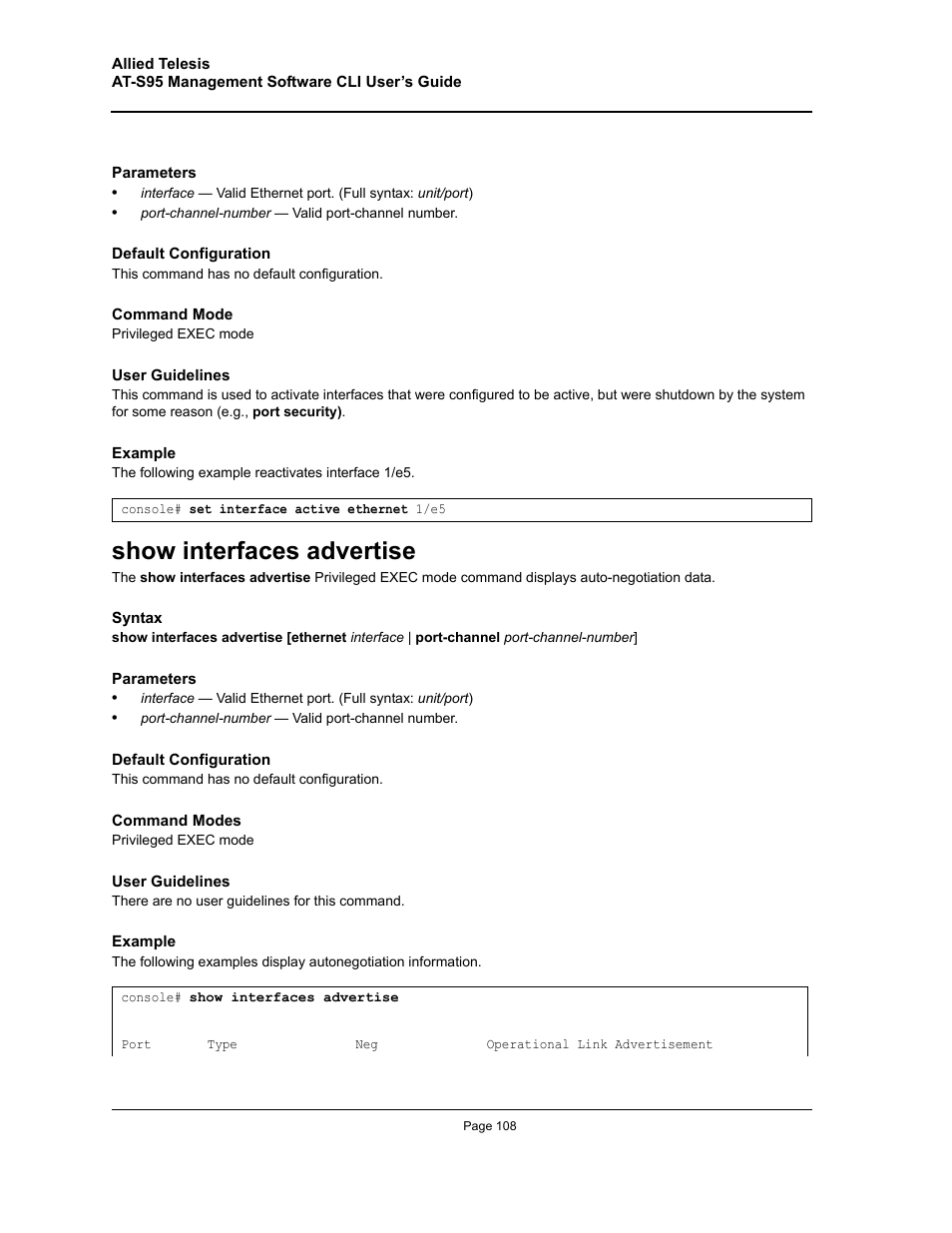 Show interfaces advertise | Allied Telesis AT-S95 CLI User Manual | Page 108 / 392