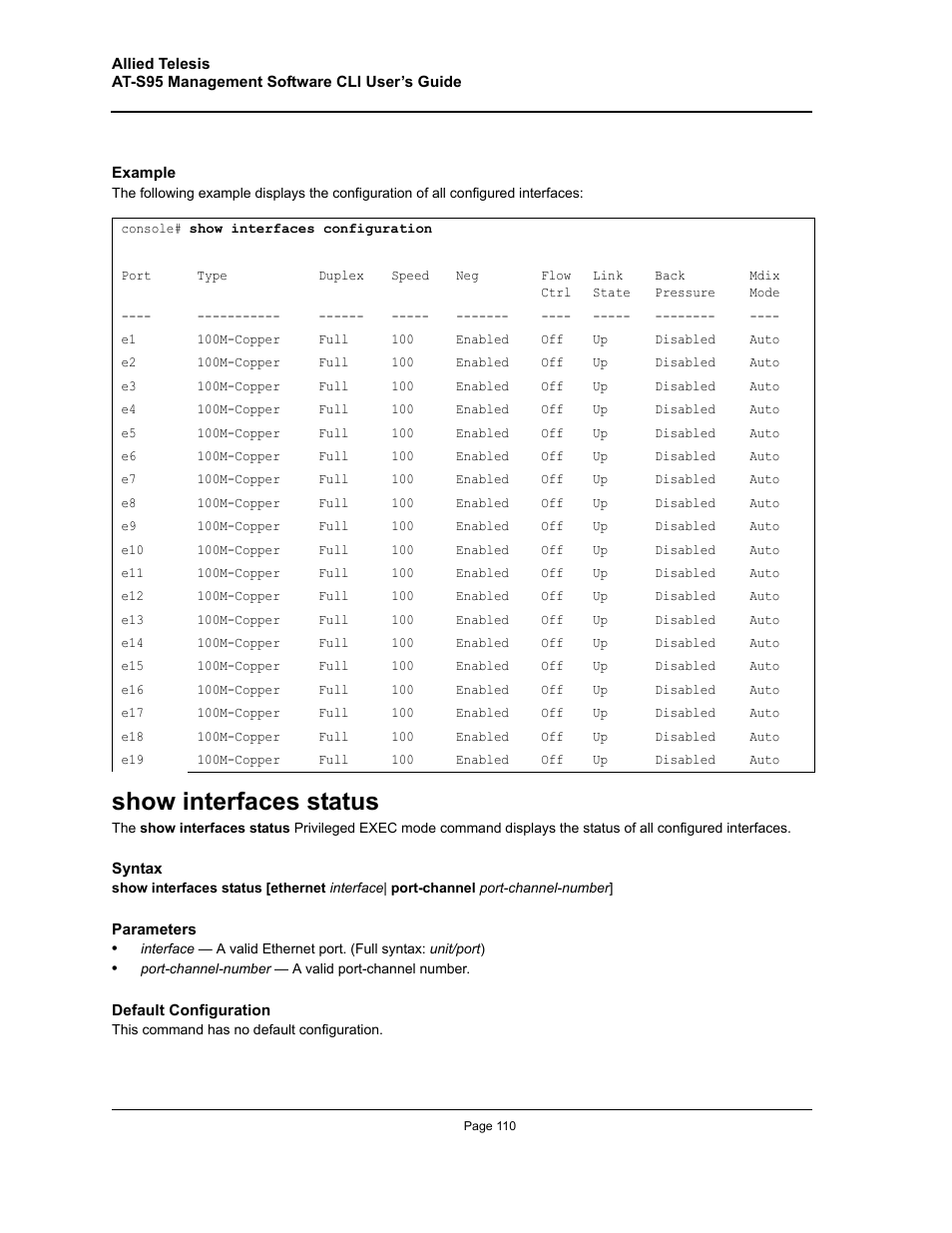 Show interfaces status | Allied Telesis AT-S95 CLI User Manual | Page 110 / 392