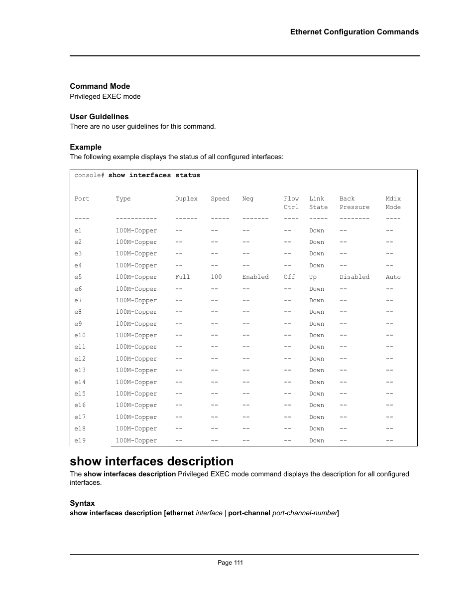 Show interfaces description | Allied Telesis AT-S95 CLI User Manual | Page 111 / 392