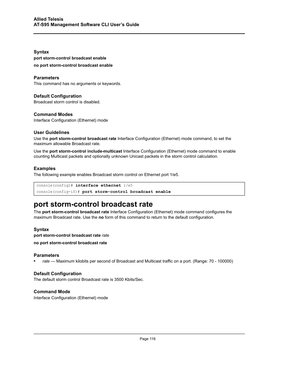 Port storm-control broadcast rate | Allied Telesis AT-S95 CLI User Manual | Page 116 / 392