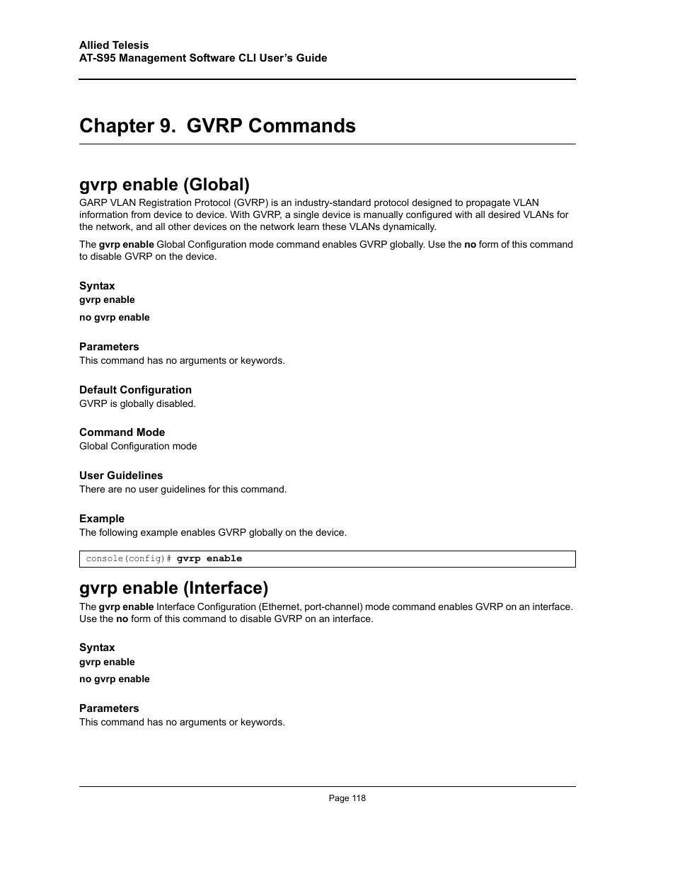 Chapter 9. gvrp commands, Gvrp enable (global), Gvrp enable (interface) | Chapter 9.gvrp commands, Gvrp enable (global) gvrp enable (interface), Chapter 9. "gvrp commands | Allied Telesis AT-S95 CLI User Manual | Page 118 / 392