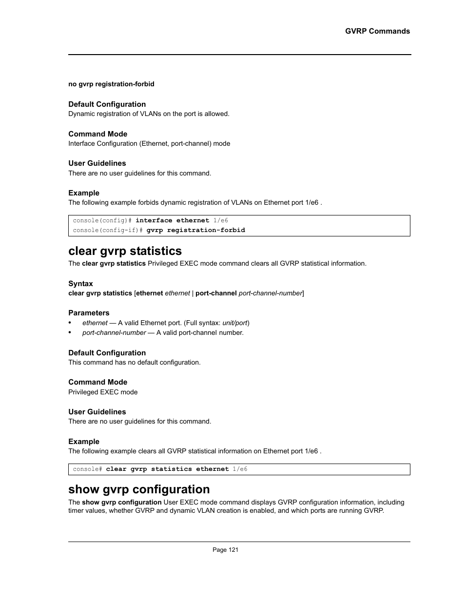 Clear gvrp statistics, Show gvrp configuration, Clear gvrp statistics show gvrp configuration | Allied Telesis AT-S95 CLI User Manual | Page 121 / 392