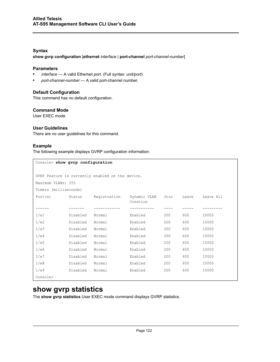 Show gvrp statistics | Allied Telesis AT-S95 CLI User Manual | Page 122 / 392