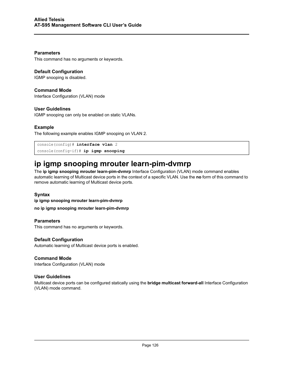 Ip igmp snooping mrouter learn-pim-dvmrp | Allied Telesis AT-S95 CLI User Manual | Page 126 / 392