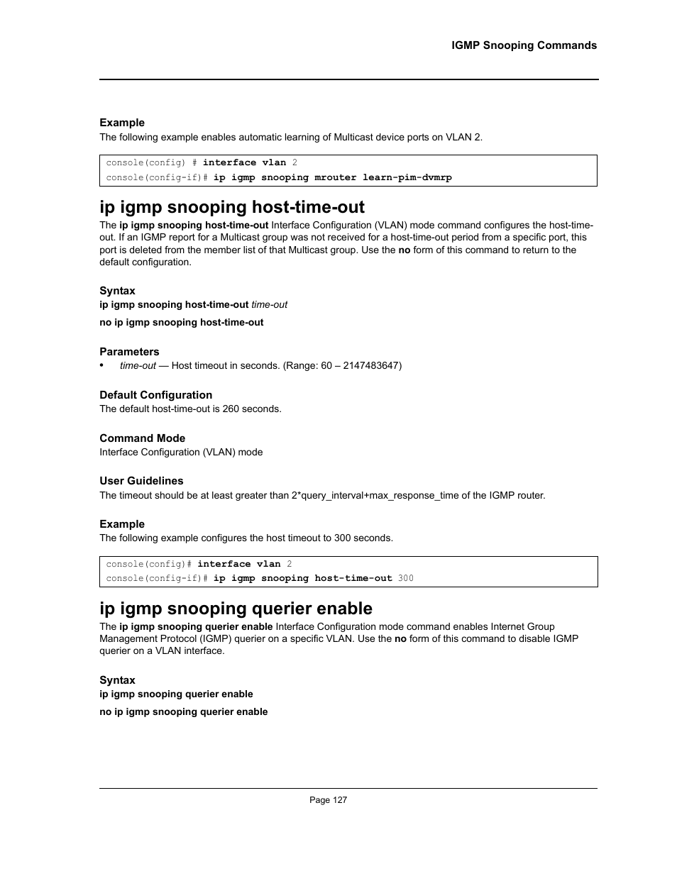 Ip igmp snooping host-time-out, Ip igmp snooping querier enable | Allied Telesis AT-S95 CLI User Manual | Page 127 / 392