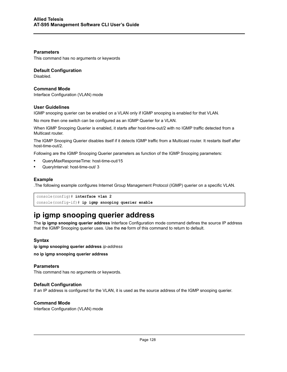 Ip igmp snooping querier address | Allied Telesis AT-S95 CLI User Manual | Page 128 / 392
