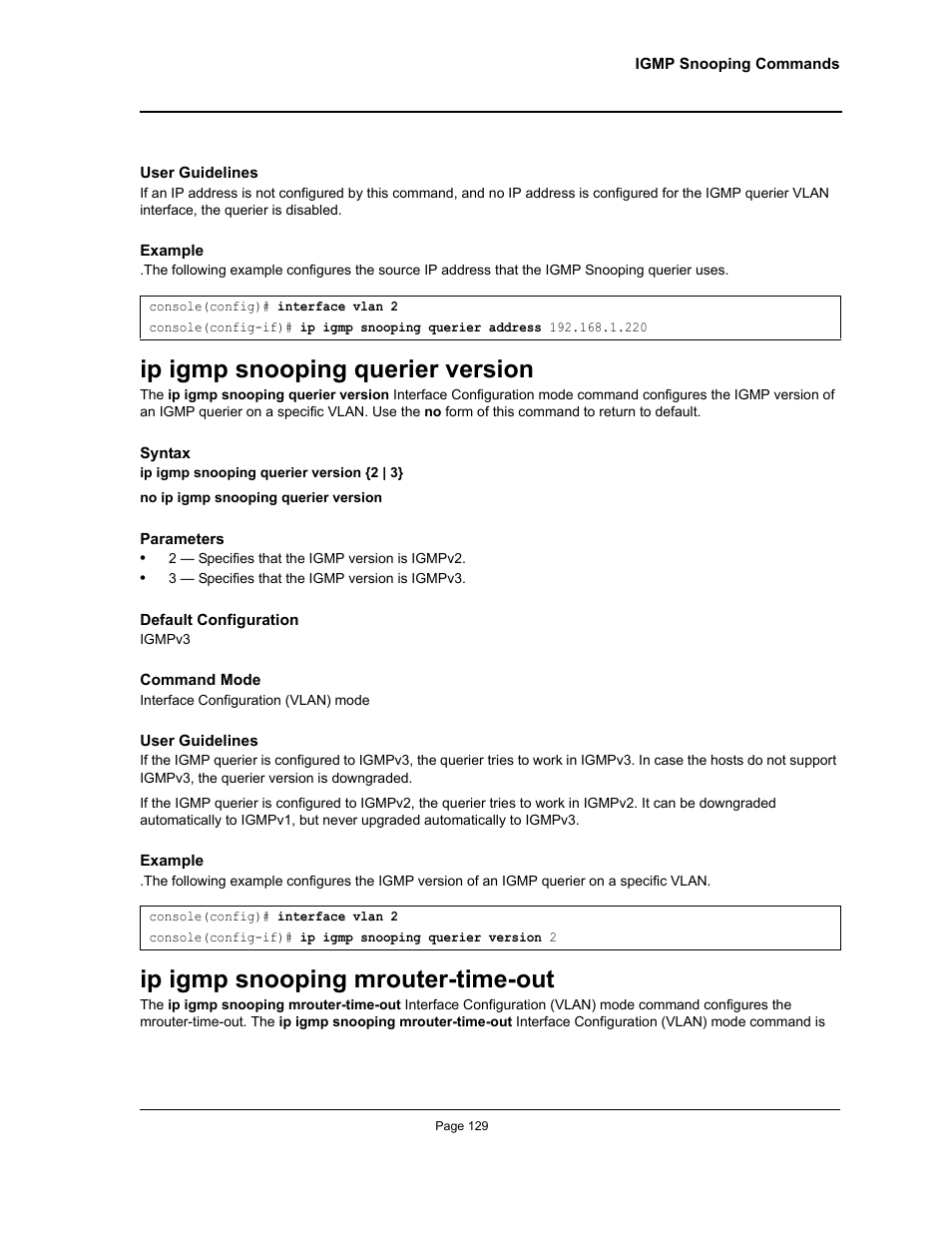 Ip igmp snooping querier version, Ip igmp snooping mrouter-time-out | Allied Telesis AT-S95 CLI User Manual | Page 129 / 392