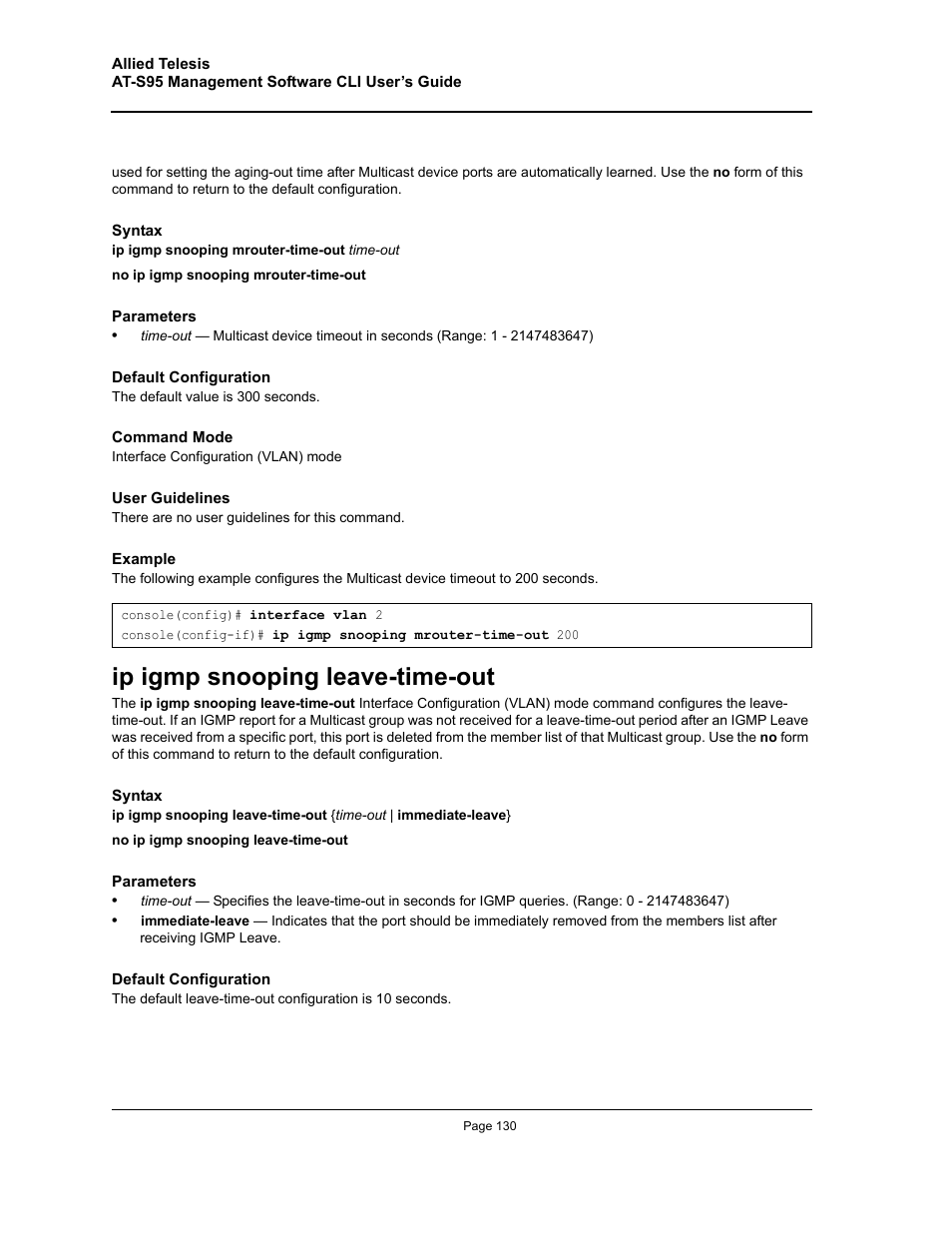 Ip igmp snooping leave-time-out | Allied Telesis AT-S95 CLI User Manual | Page 130 / 392