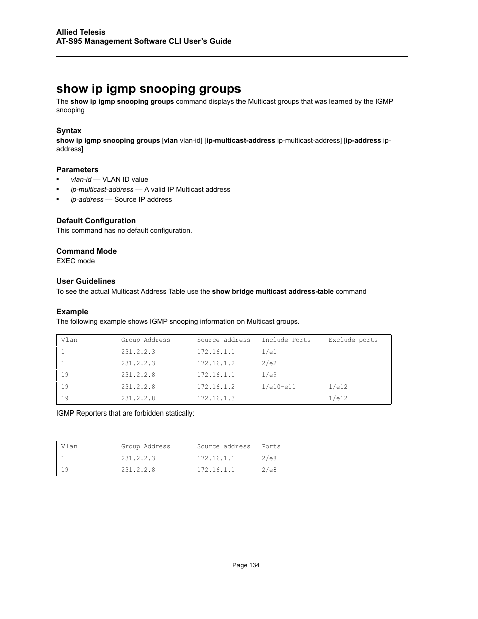Show ip igmp snooping groups | Allied Telesis AT-S95 CLI User Manual | Page 134 / 392