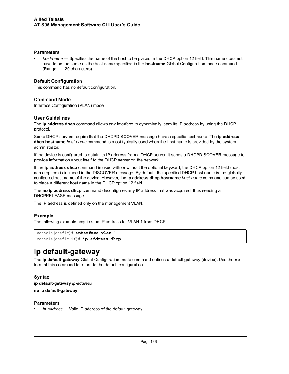 Ip default-gateway | Allied Telesis AT-S95 CLI User Manual | Page 136 / 392