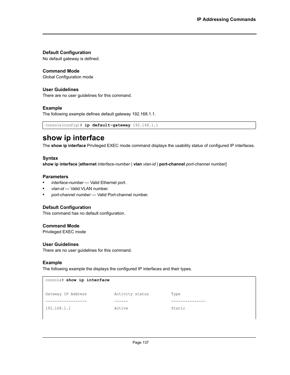 Show ip interface | Allied Telesis AT-S95 CLI User Manual | Page 137 / 392