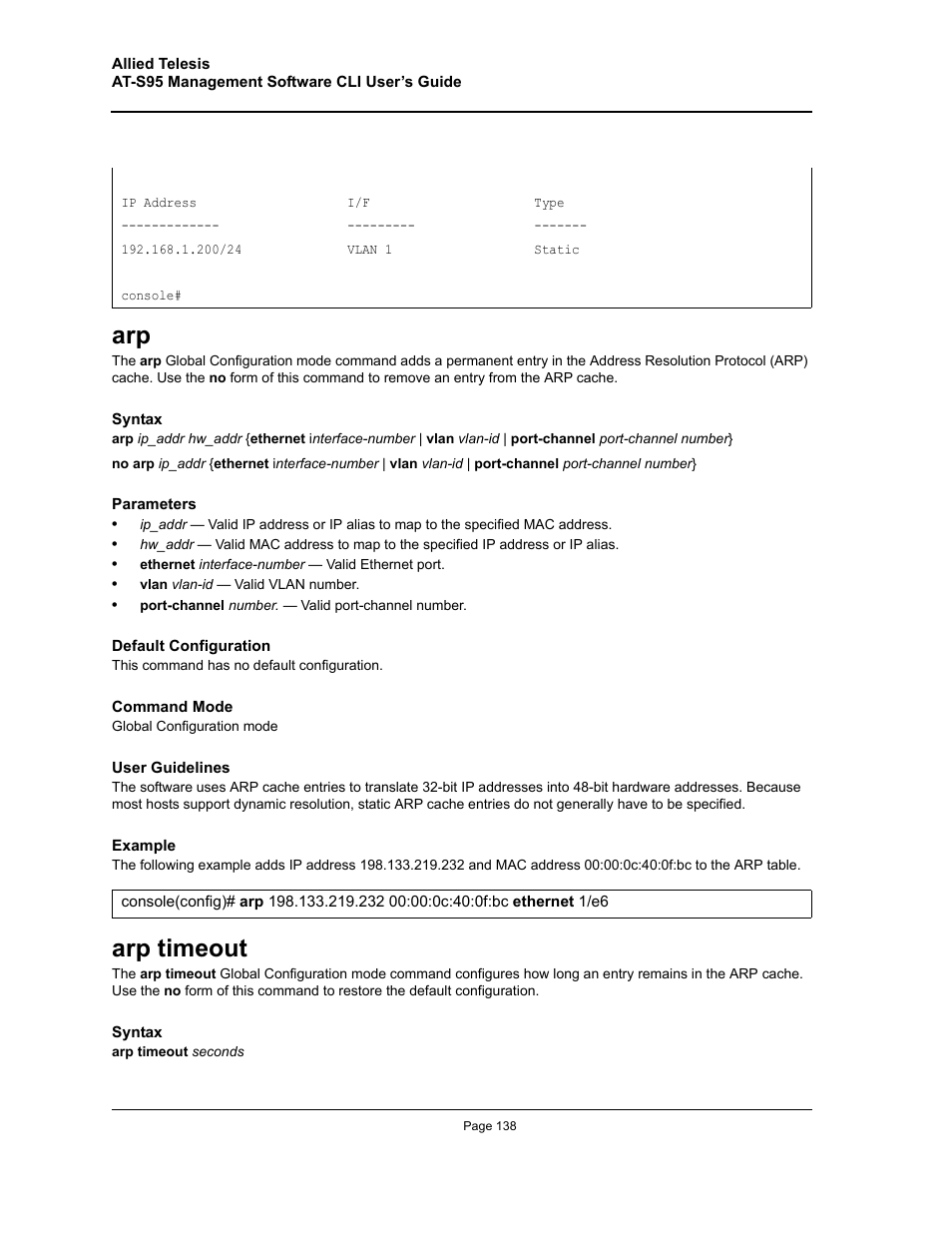 Arp timeout, Arp arp timeout | Allied Telesis AT-S95 CLI User Manual | Page 138 / 392