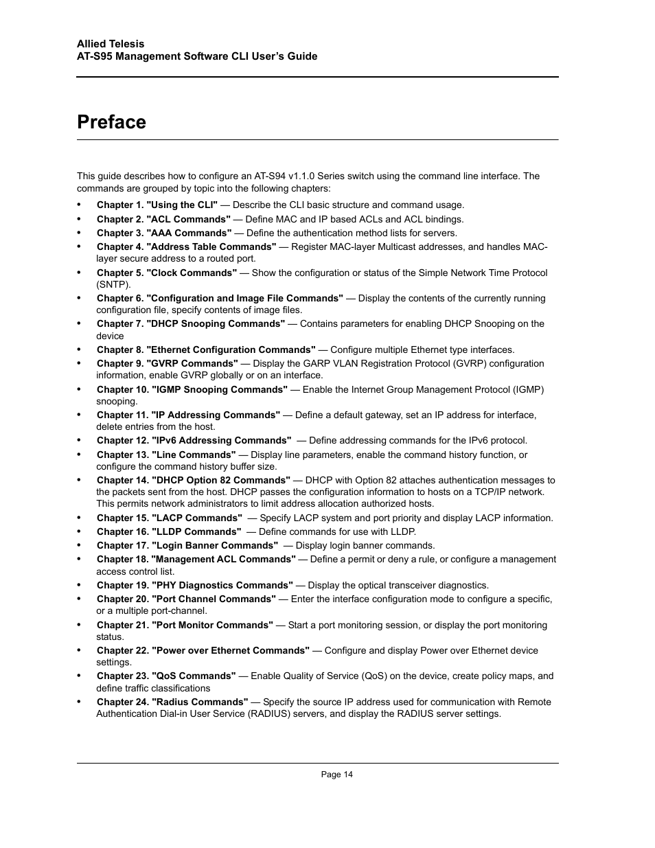 Preface | Allied Telesis AT-S95 CLI User Manual | Page 14 / 392
