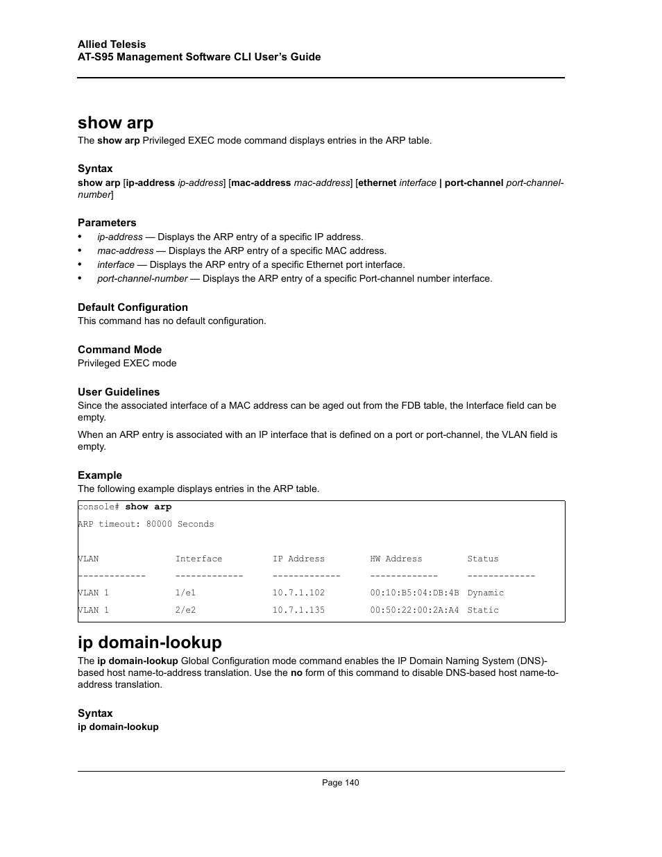 Show arp, Ip domain-lookup, Show arp ip domain-lookup | Allied Telesis AT-S95 CLI User Manual | Page 140 / 392