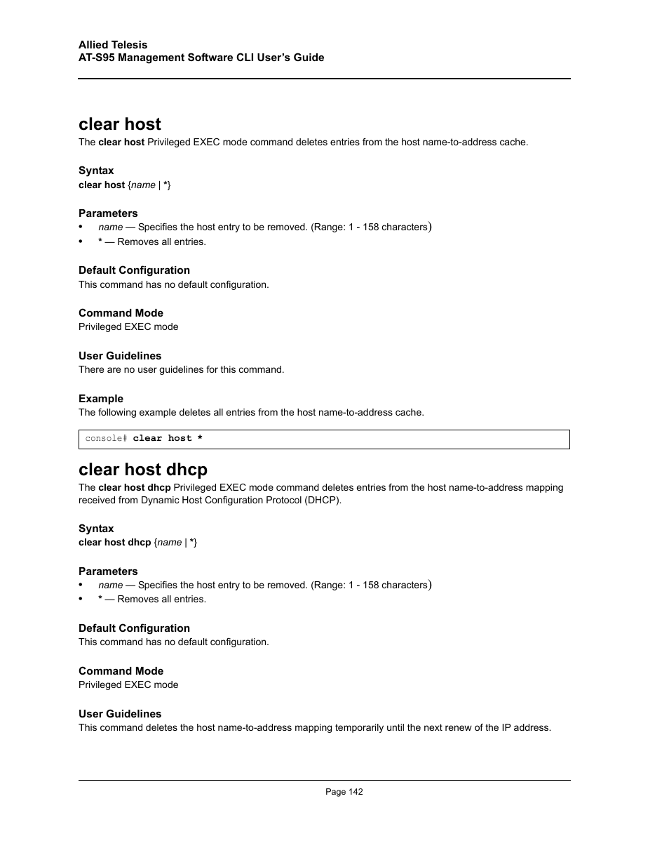 Clear host, Clear host dhcp, Clear host clear host dhcp | Allied Telesis AT-S95 CLI User Manual | Page 142 / 392