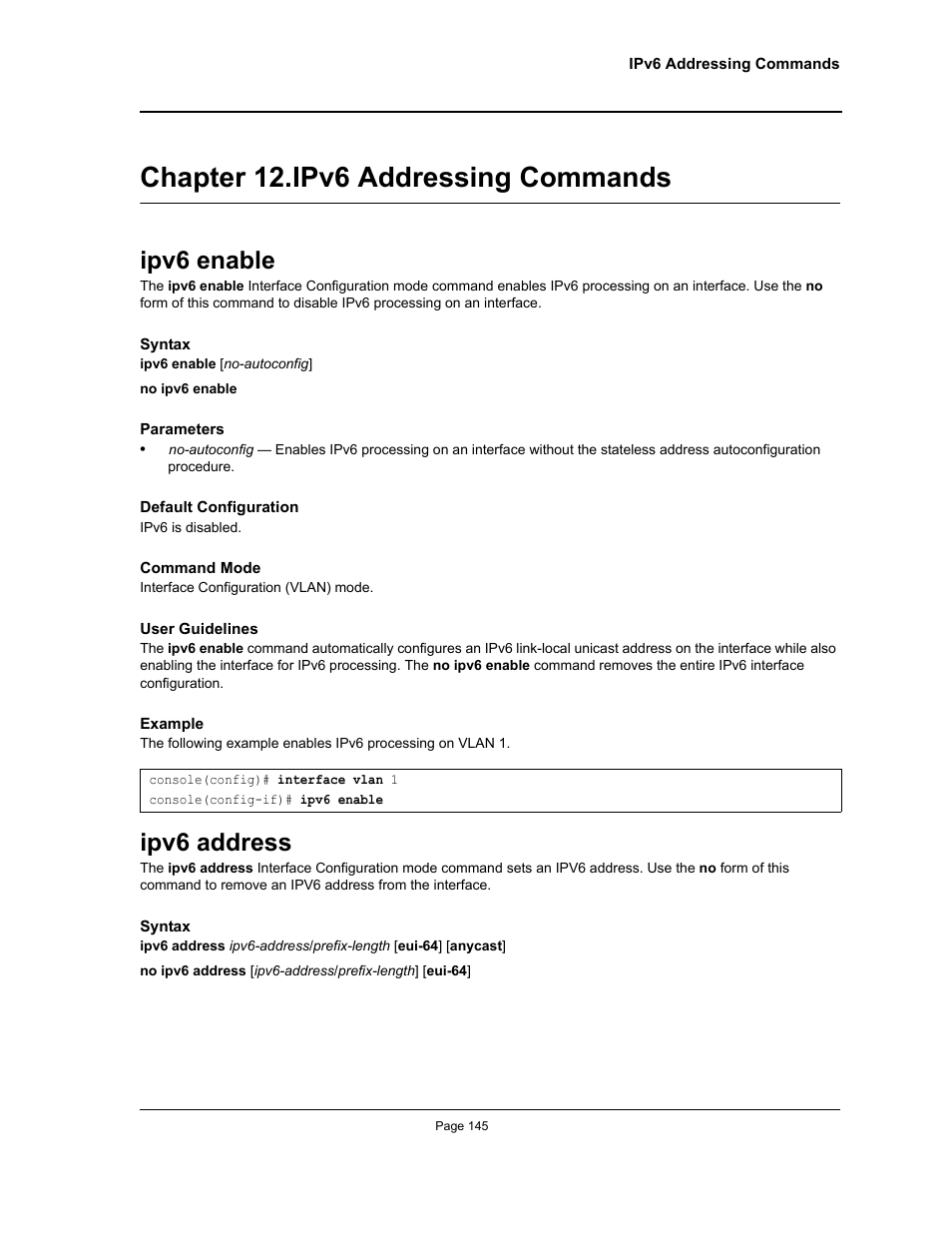Chapter 12. ipv6 addressing commands, Ipv6 enable, Ipv6 address | Chapter 12.ipv6 addressing commands, Ipv6 enable ipv6 address, Chapter 12. "ipv6 addressing commands | Allied Telesis AT-S95 CLI User Manual | Page 145 / 392