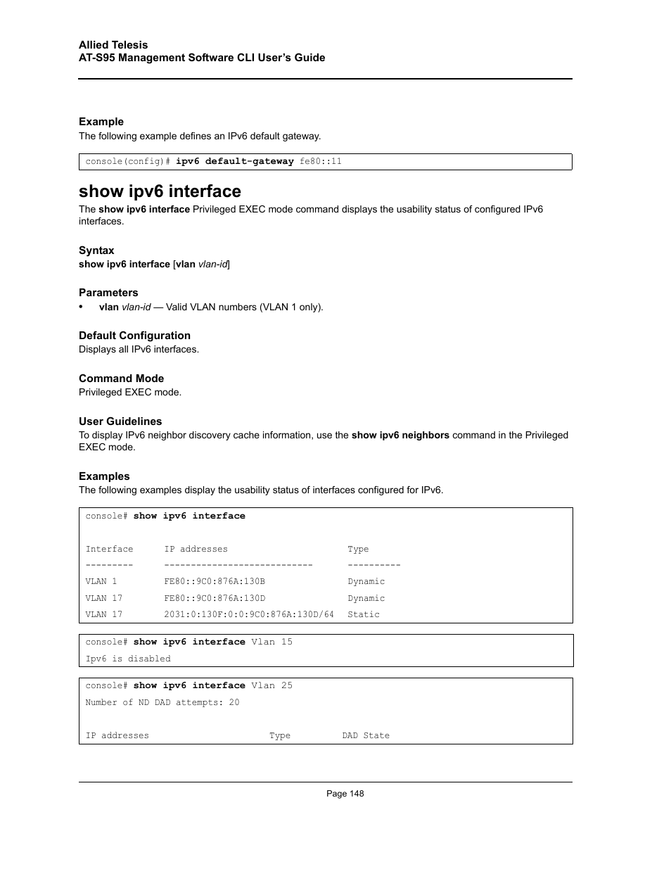 Show ipv6 interface | Allied Telesis AT-S95 CLI User Manual | Page 148 / 392