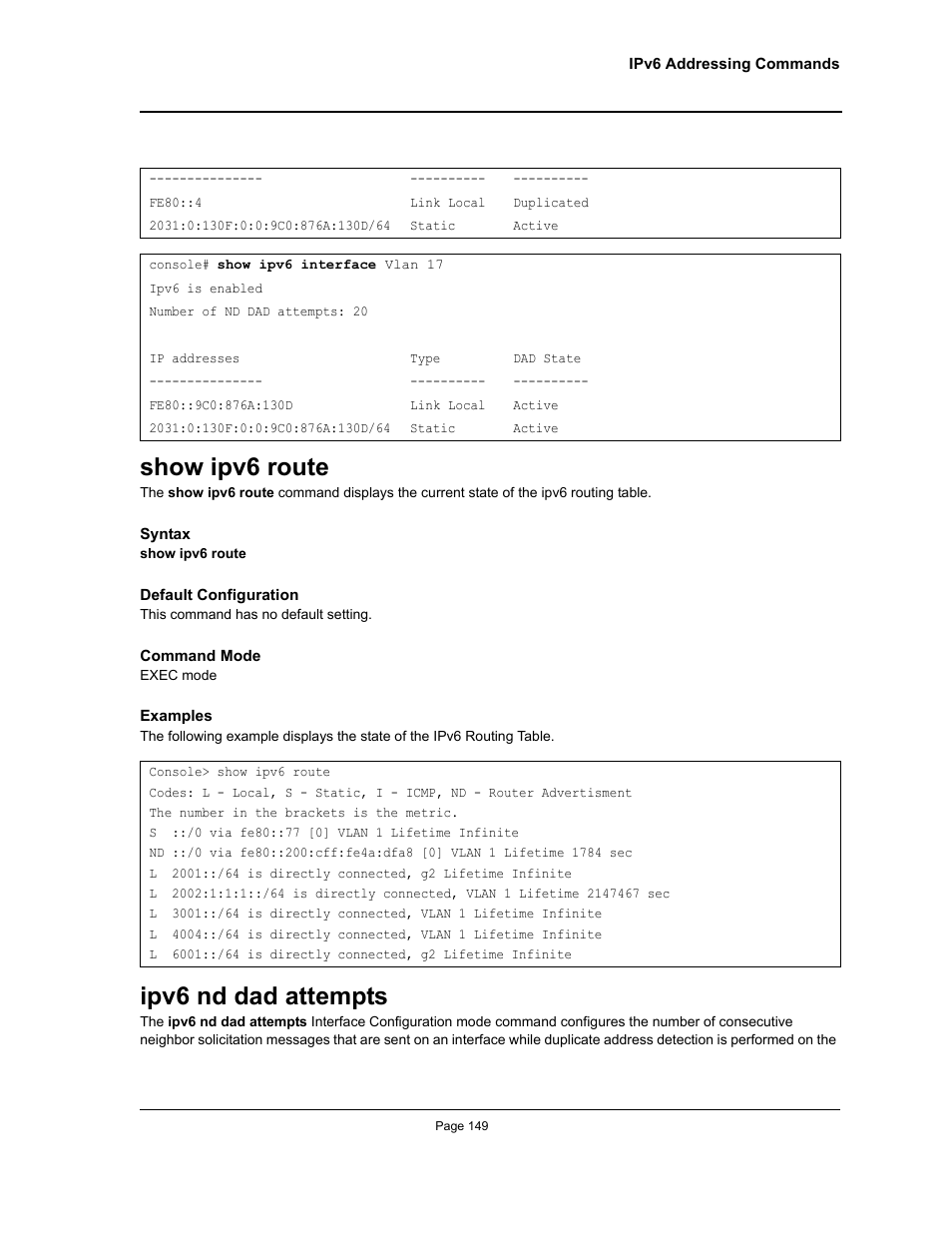 Show ipv6 route, Ipv6 nd dad attempts, Show ipv6 route ipv6 nd dad attempts | Allied Telesis AT-S95 CLI User Manual | Page 149 / 392