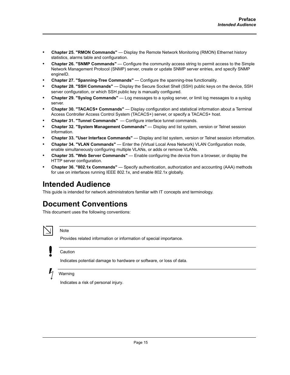Intended audience, Document conventions, Intended audience document conventions | Allied Telesis AT-S95 CLI User Manual | Page 15 / 392