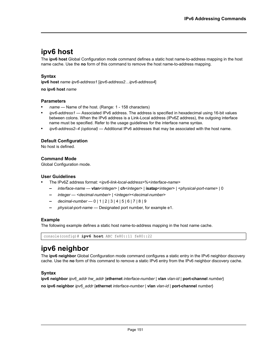 Ipv6 host, Ipv6 neighbor, Ipv6 host ipv6 neighbor | Allied Telesis AT-S95 CLI User Manual | Page 151 / 392