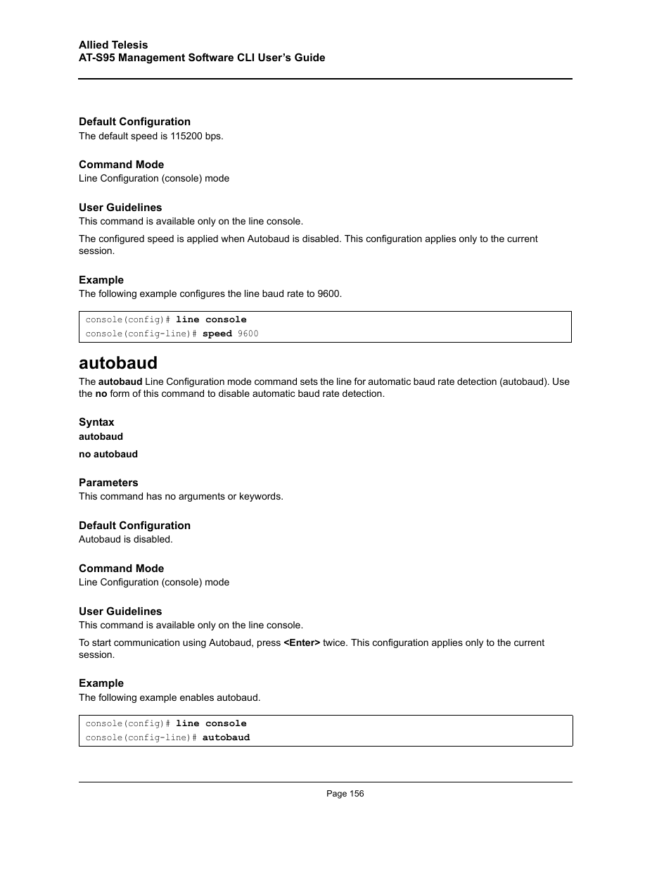 Autobaud | Allied Telesis AT-S95 CLI User Manual | Page 156 / 392
