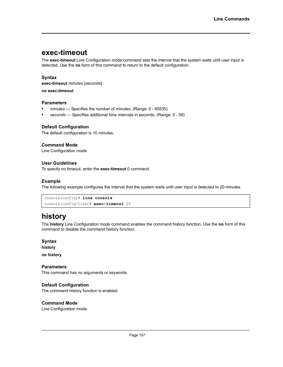Exec-timeout, History, Exec-timeout history | Allied Telesis AT-S95 CLI User Manual | Page 157 / 392