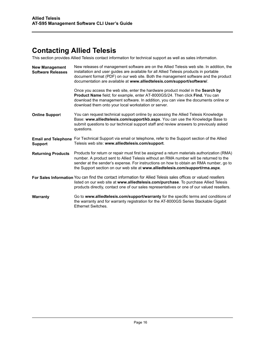 Contacting allied telesis | Allied Telesis AT-S95 CLI User Manual | Page 16 / 392