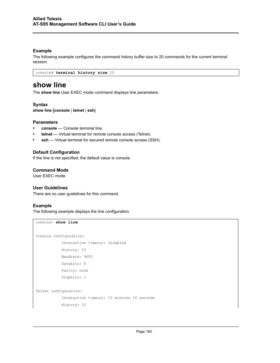 Show line | Allied Telesis AT-S95 CLI User Manual | Page 160 / 392