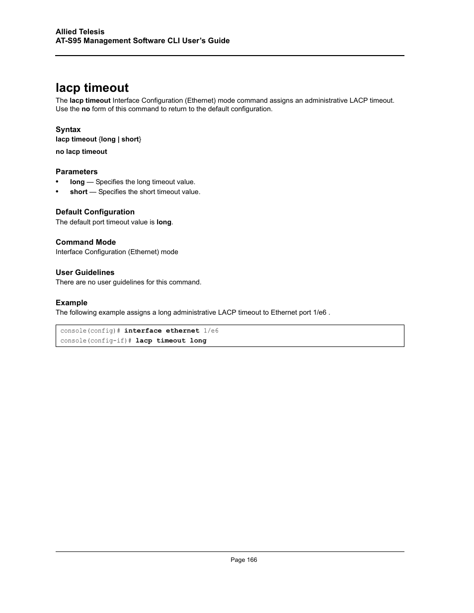 Lacp timeout | Allied Telesis AT-S95 CLI User Manual | Page 166 / 392