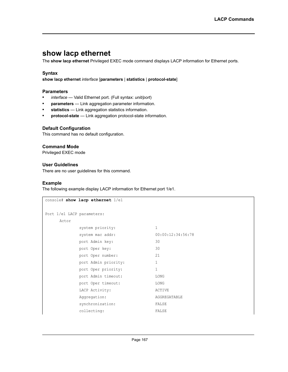 Show lacp ethernet | Allied Telesis AT-S95 CLI User Manual | Page 167 / 392