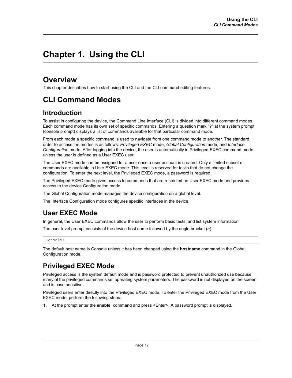 Chapter 1. using the cli, Overview, Cli command modes | Introduction, User exec mode, Privileged exec mode, Chapter 1.using the cli, Introduction user exec mode privileged exec mode, Chapter 1. "using the cli | Allied Telesis AT-S95 CLI User Manual | Page 17 / 392