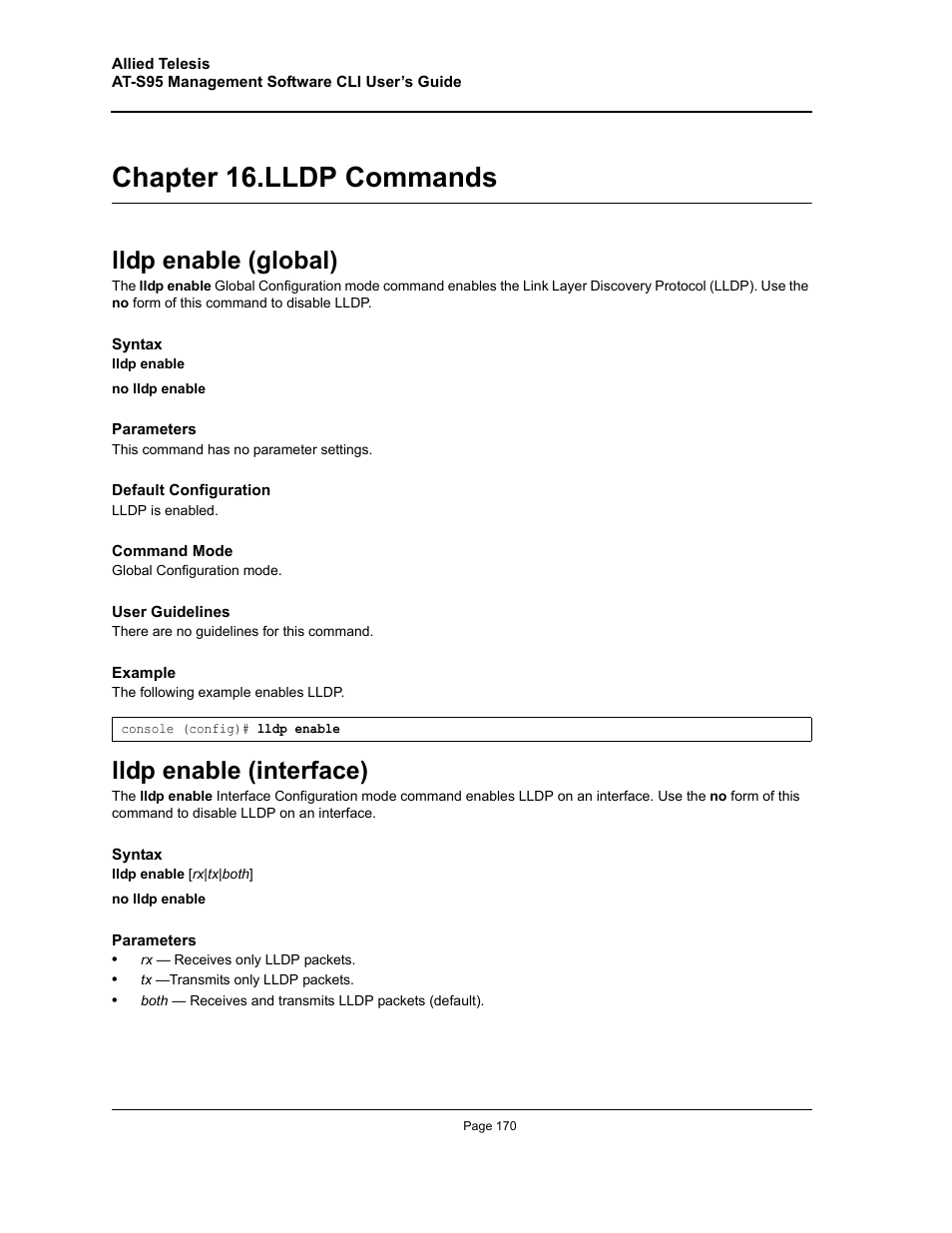 Chapter 16. lldp commands, Lldp enable (global), Lldp enable (interface) | Chapter 16.lldp commands, Lldp enable (global) lldp enable (interface), Chapter 16. "lldp commands | Allied Telesis AT-S95 CLI User Manual | Page 170 / 392