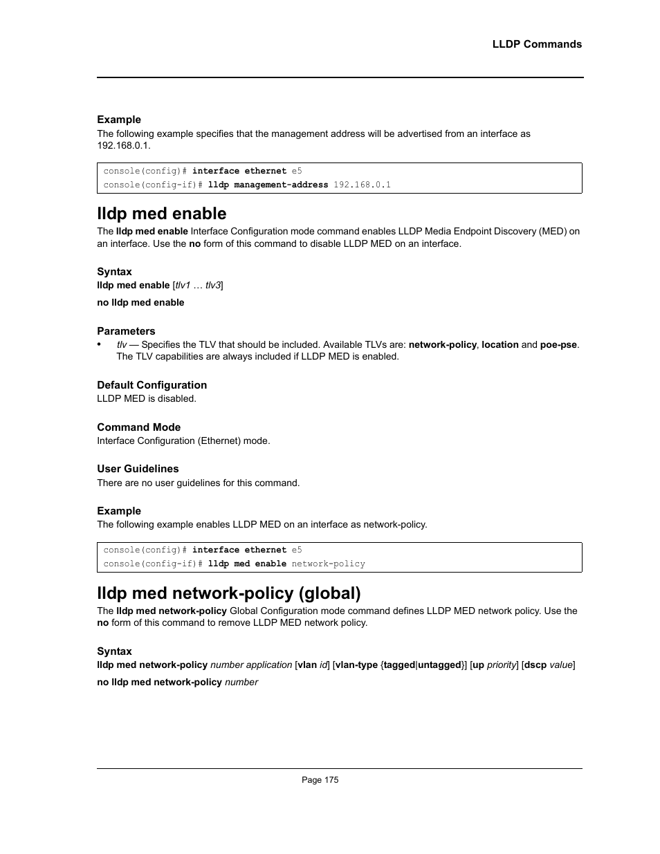 Lldp med enable, Lldp med network-policy (global), Lldp med enable lldp med network-policy (global) | Allied Telesis AT-S95 CLI User Manual | Page 175 / 392