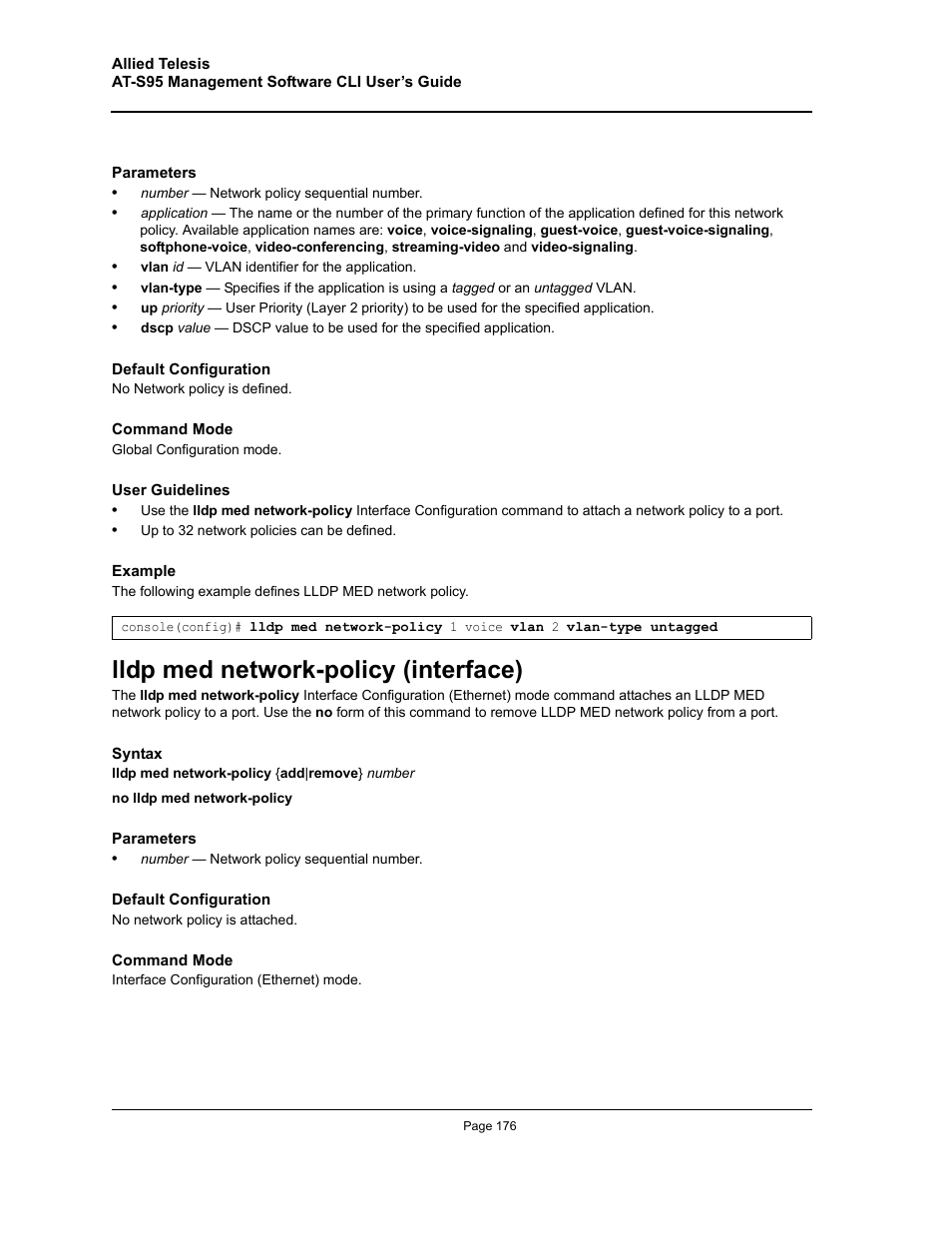 Lldp med network-policy (interface) | Allied Telesis AT-S95 CLI User Manual | Page 176 / 392