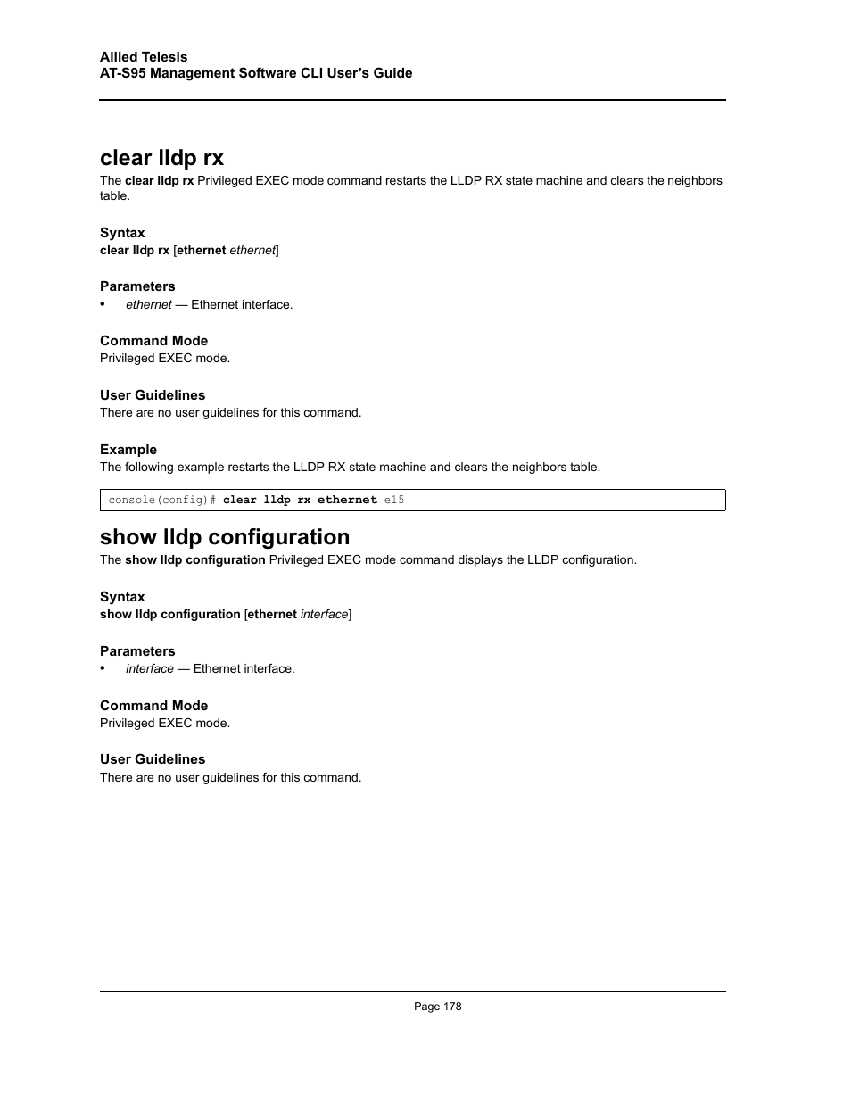 Clear lldp rx, Show lldp configuration, Clear lldp rx show lldp configuration | Allied Telesis AT-S95 CLI User Manual | Page 178 / 392