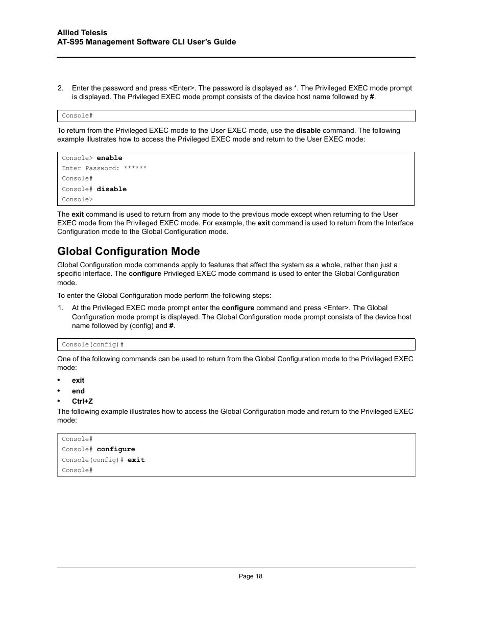 Global configuration mode | Allied Telesis AT-S95 CLI User Manual | Page 18 / 392