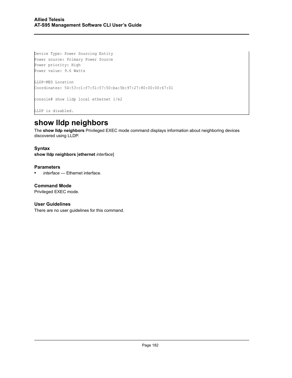 Show lldp neighbors | Allied Telesis AT-S95 CLI User Manual | Page 182 / 392