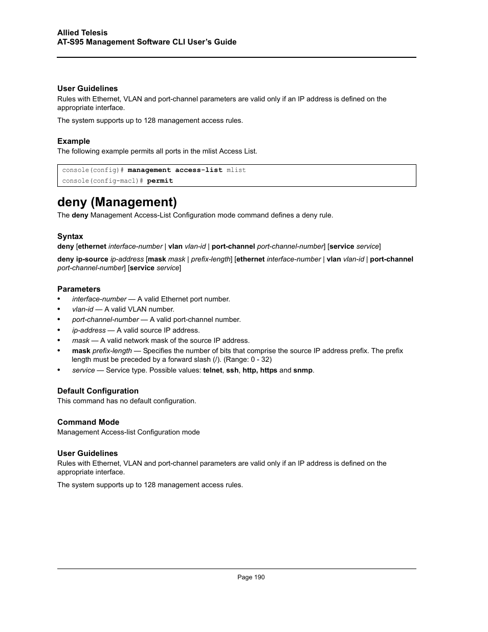 Deny (management) | Allied Telesis AT-S95 CLI User Manual | Page 190 / 392