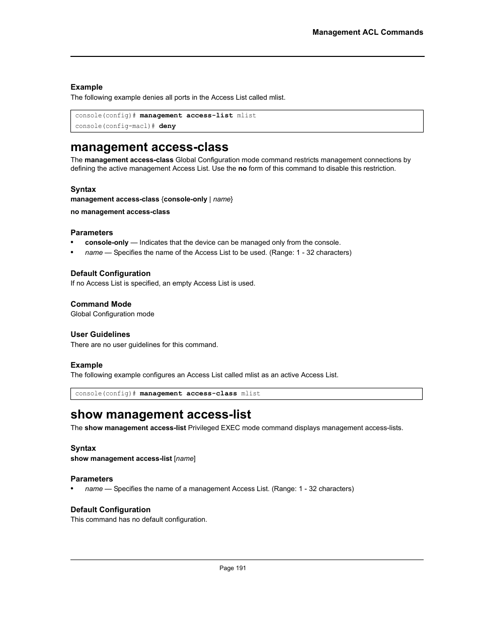 Management access-class, Show management access-list | Allied Telesis AT-S95 CLI User Manual | Page 191 / 392