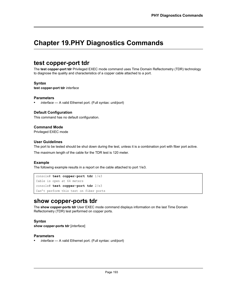 Chapter 19. phy diagnostics commands, Test copper-port tdr, Show copper-ports tdr | Chapter 19.phy diagnostics commands, Test copper-port tdr show copper-ports tdr, Chapter 19. "phy diagnostics commands" — displ | Allied Telesis AT-S95 CLI User Manual | Page 193 / 392
