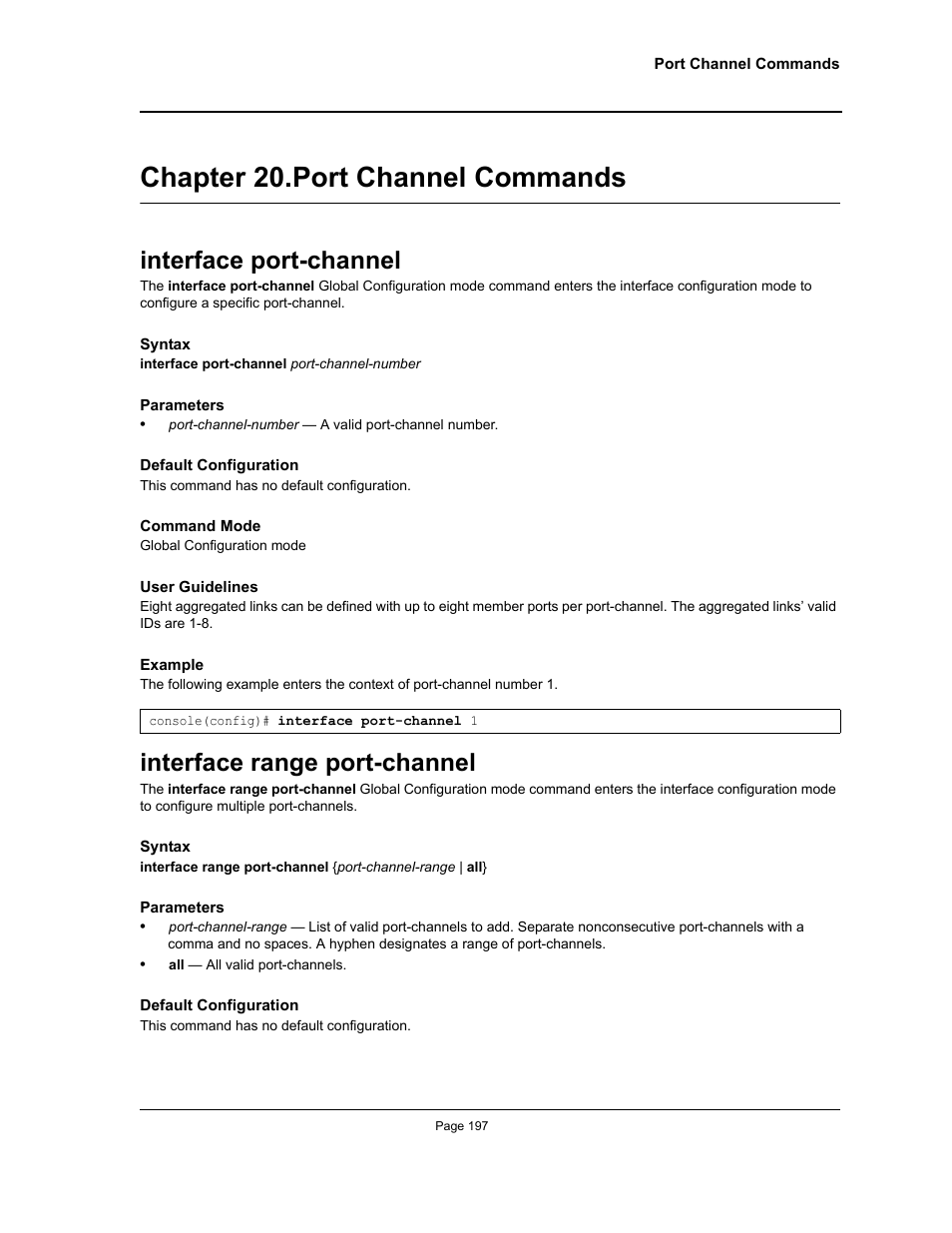 Chapter 20. port channel commands, Interface port-channel, Interface range port-channel | Chapter 20.port channel commands, Chapter 20. "port channel commands | Allied Telesis AT-S95 CLI User Manual | Page 197 / 392