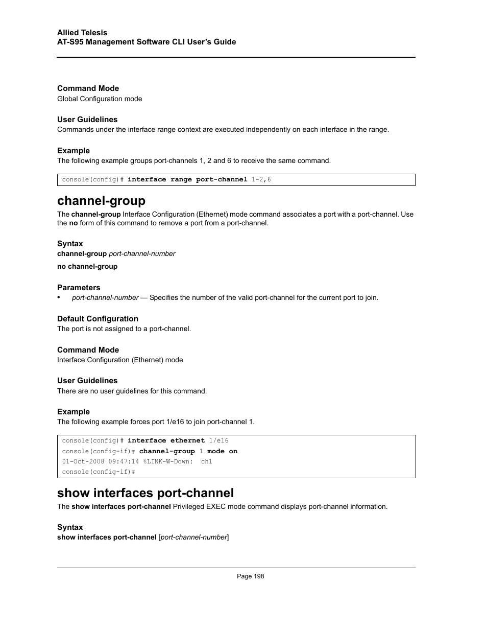 Channel-group, Show interfaces port-channel, Channel-group show interfaces port-channel | Allied Telesis AT-S95 CLI User Manual | Page 198 / 392
