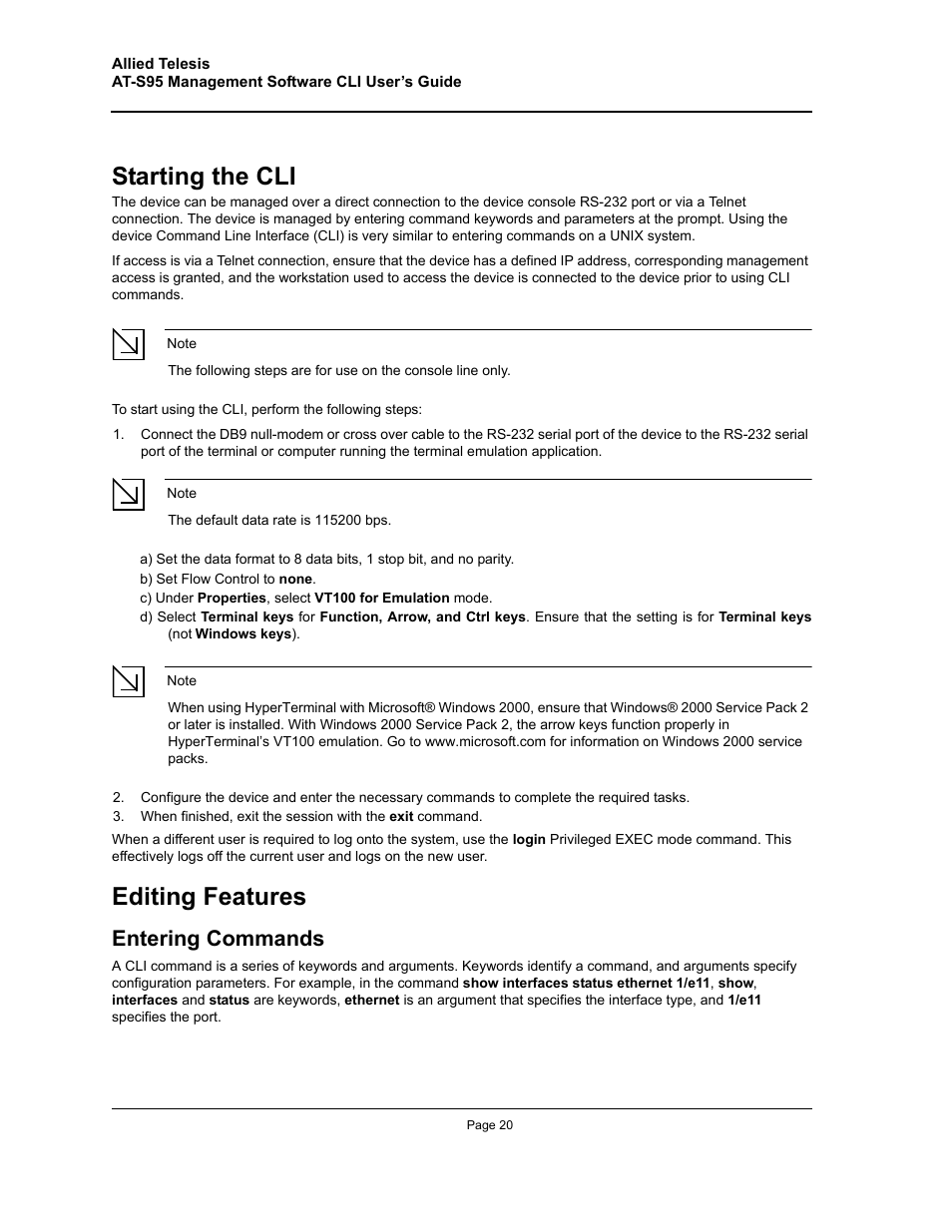 Starting the cli, Editing features, Entering commands | Starting the cli editing features | Allied Telesis AT-S95 CLI User Manual | Page 20 / 392