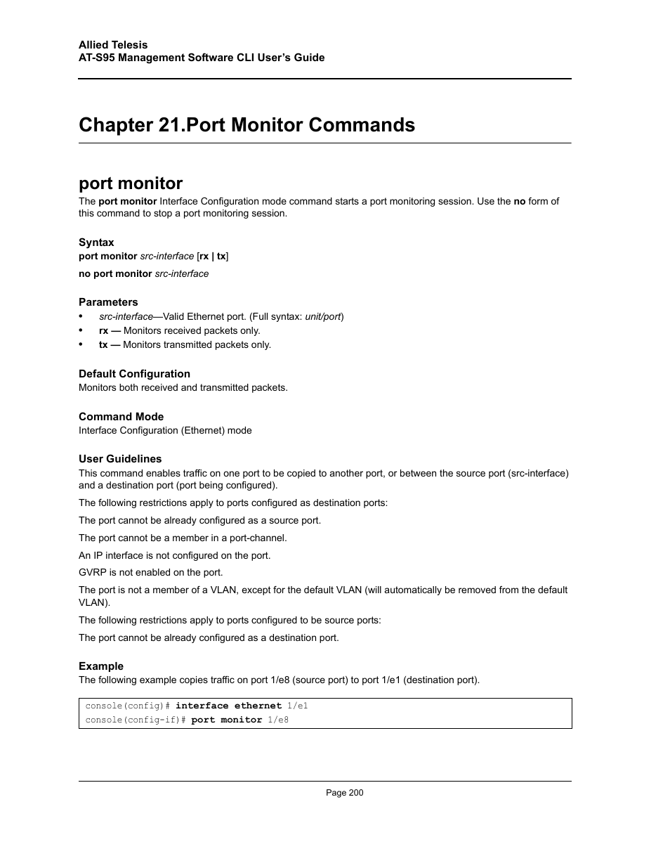 Chapter 21. port monitor commands, Port monitor, Chapter 21.port monitor commands | Chapter 21. "port monitor commands" — s | Allied Telesis AT-S95 CLI User Manual | Page 200 / 392