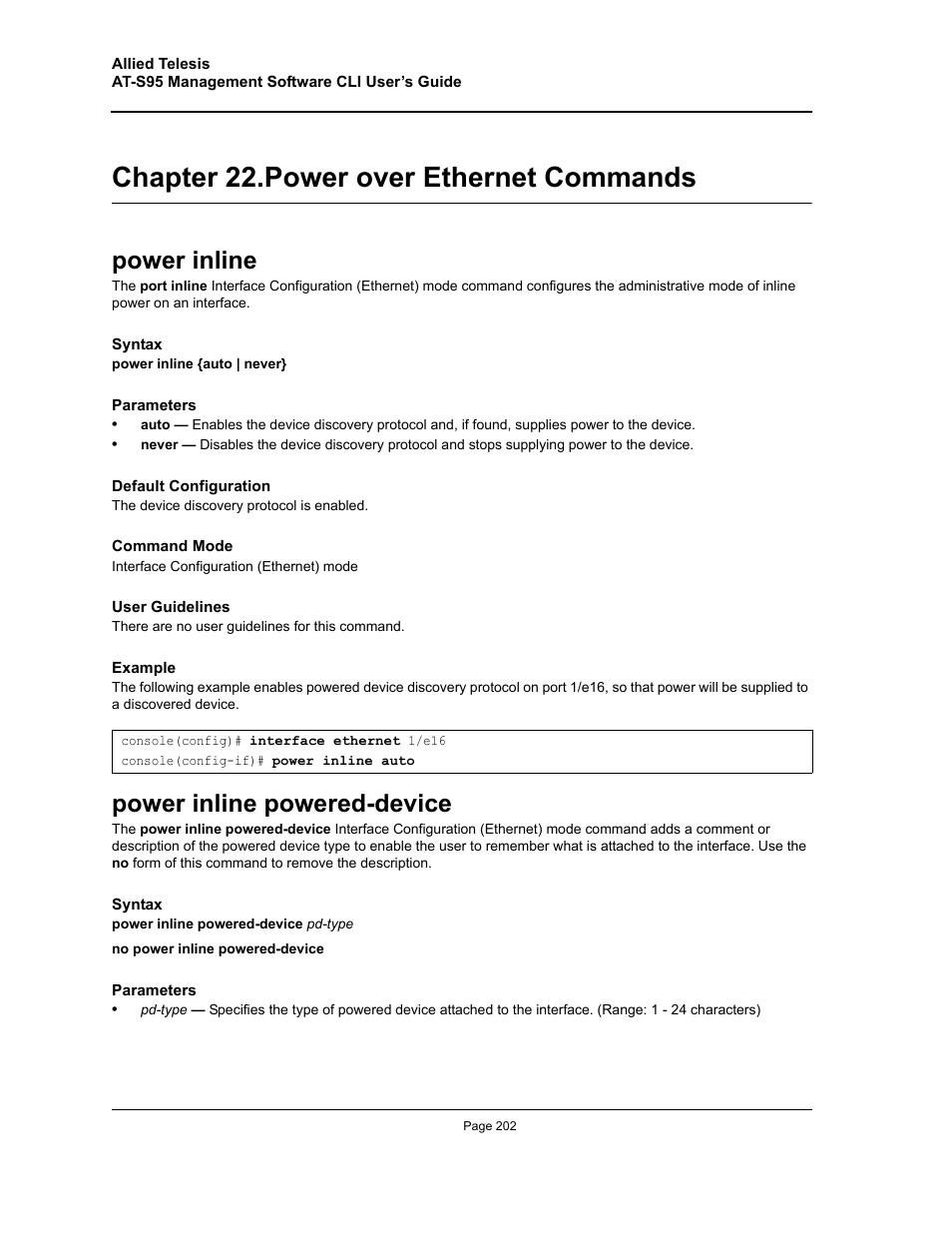 Chapter 22. power over ethernet commands, Power inline, Power inline powered-device | Chapter 22.power over ethernet commands, Power inline power inline powered-device, Chapter 22. "power over ethernet commands | Allied Telesis AT-S95 CLI User Manual | Page 202 / 392