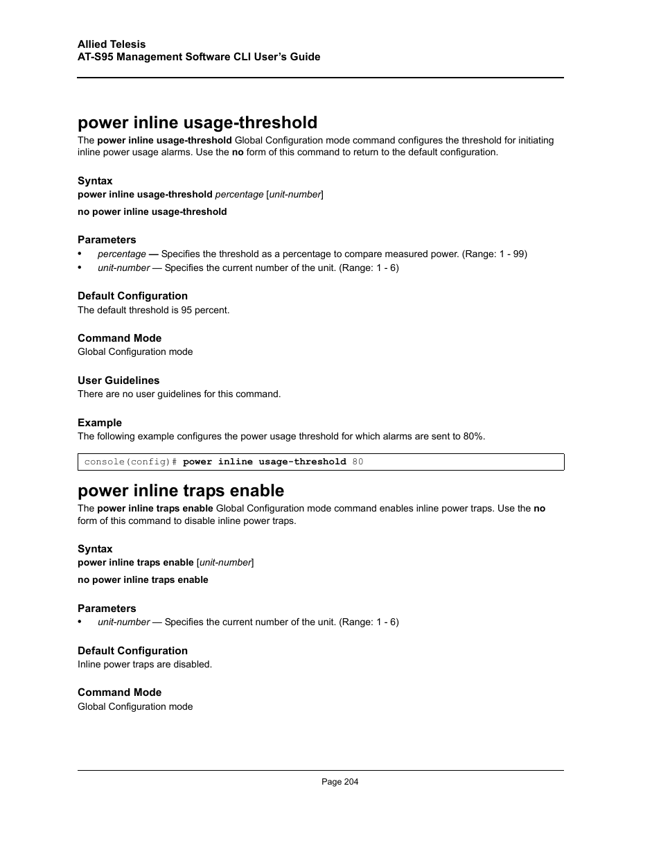 Power inline usage-threshold, Power inline traps enable | Allied Telesis AT-S95 CLI User Manual | Page 204 / 392