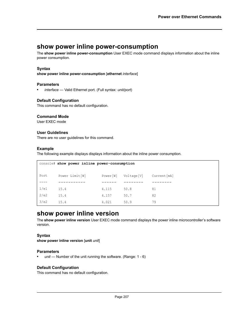 Show power inline power-consumption, Show power inline version | Allied Telesis AT-S95 CLI User Manual | Page 207 / 392