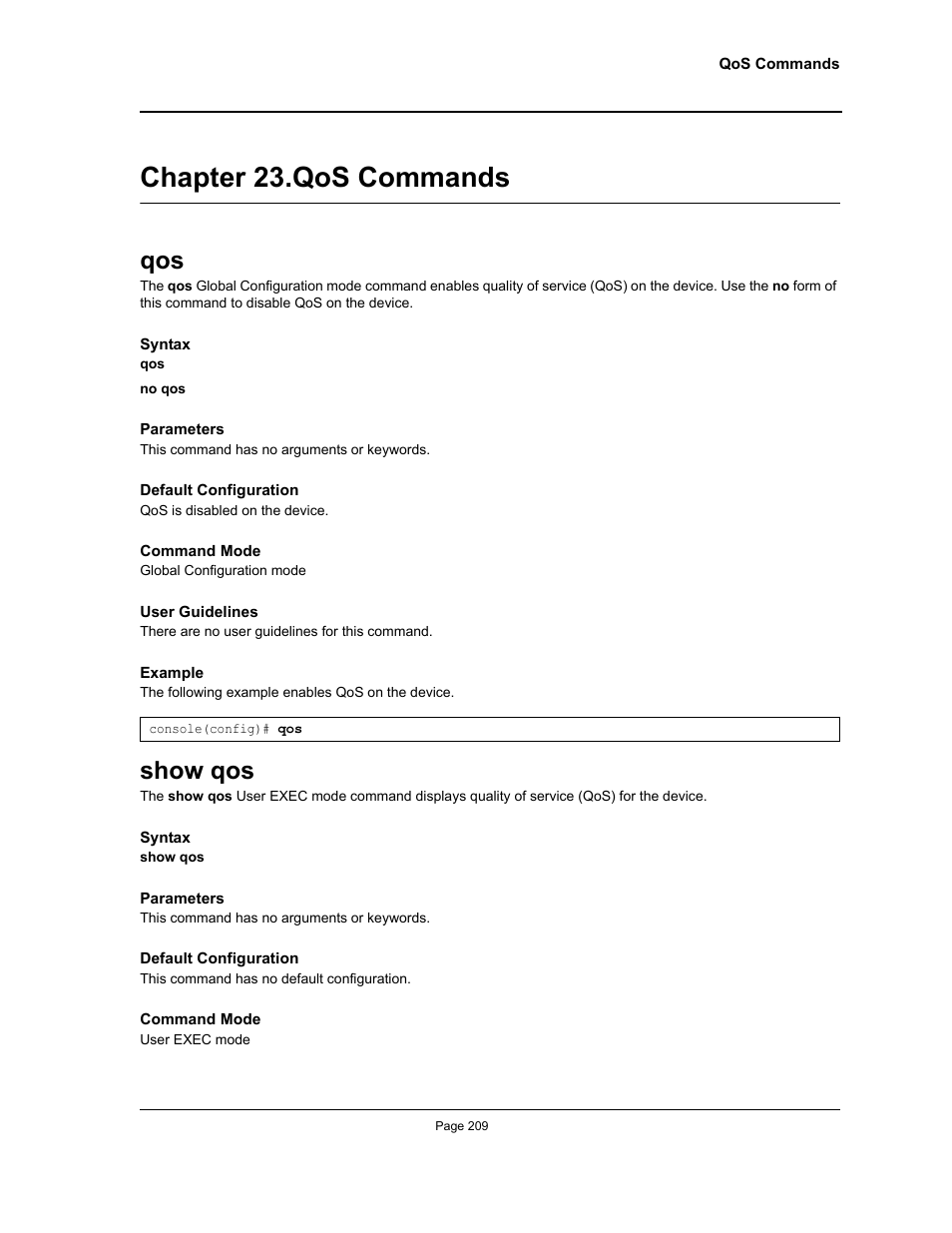 Chapter 23. qos commands, Show qos, Chapter 23.qos commands | Chapter 23. "qos commands | Allied Telesis AT-S95 CLI User Manual | Page 209 / 392